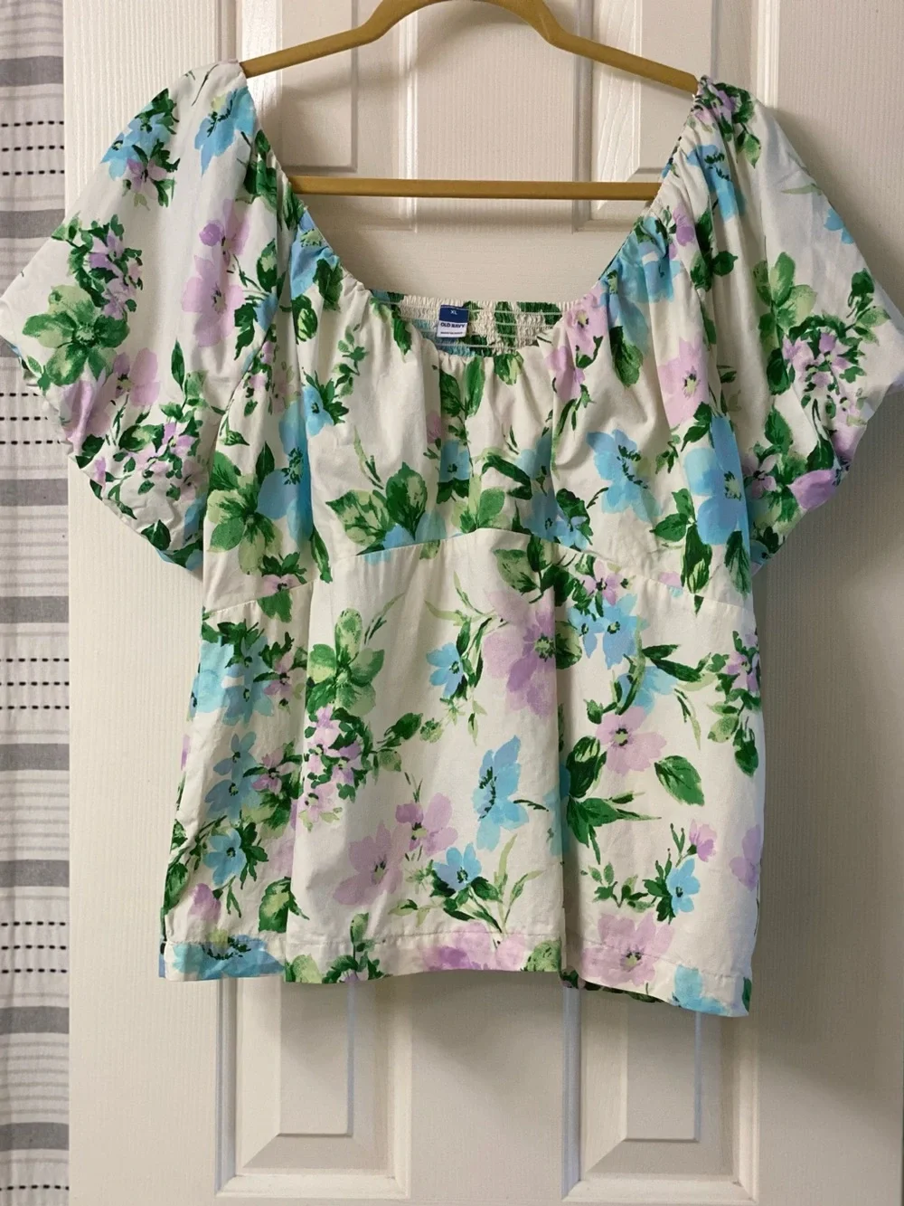Old Navy Multicolored Cotton Floral Puff Sleeve Smocked Back V-Neck Top Size XL